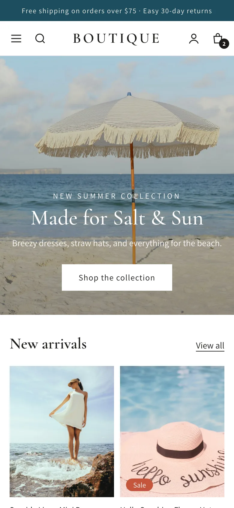 The same boutique website adjusted to fit a phone