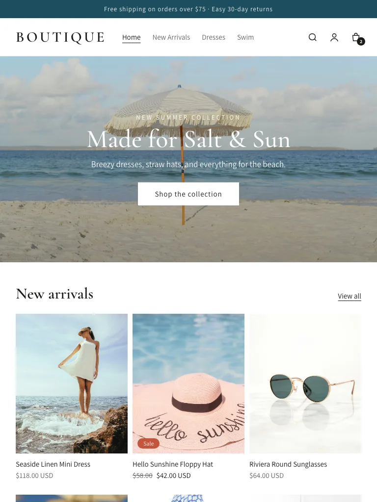 The same boutique website adjusted to fit a tablet